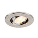 Brushed nickel recessed ceiling light fixture.