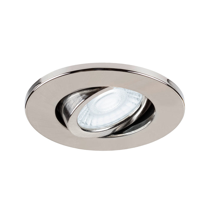 Brushed nickel recessed ceiling light fixture.