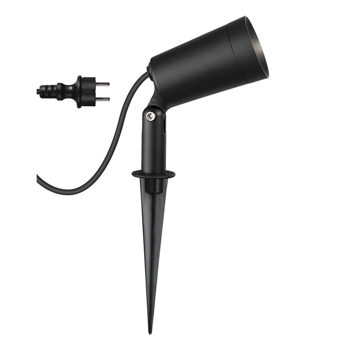 Black metal spotlight with stake mounting.