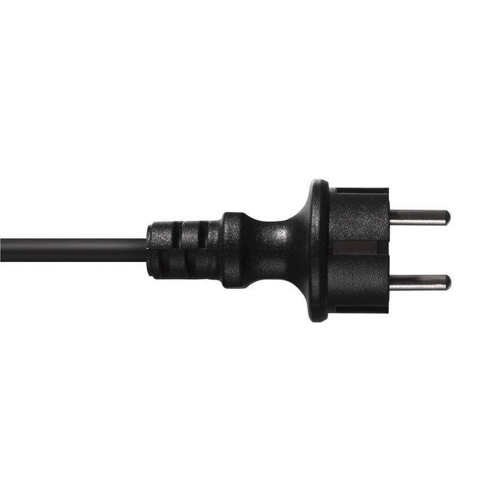 Black plastic European Type C power plug with metal pins.