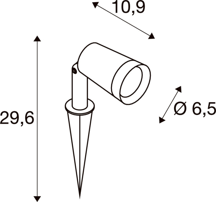Diagram of a white spotlight with dimensions, mounted on a ground spike.