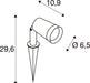 Diagram of a white spotlight with dimensions, mounted on a ground spike.