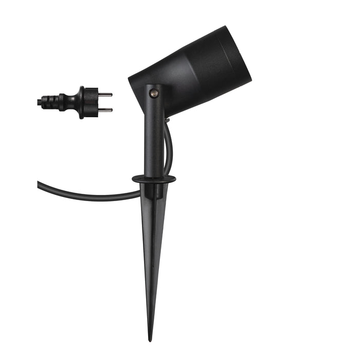 Black metal spotlight with stake mount and plug.