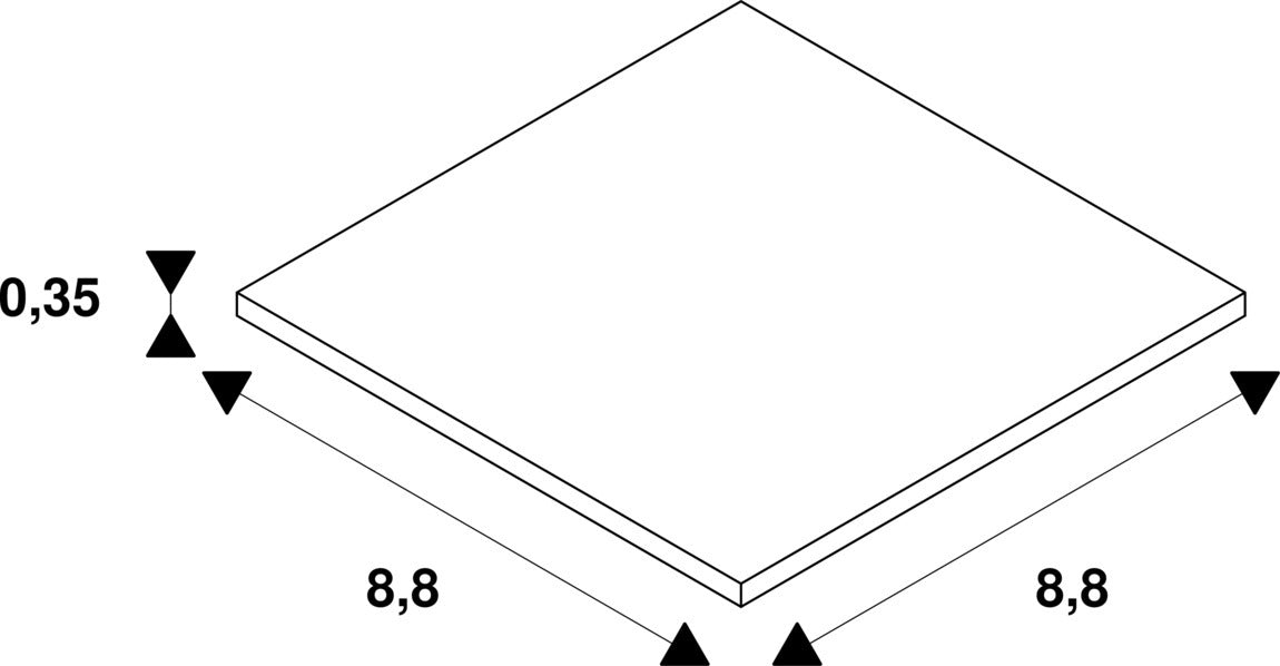 Technical drawing of a square tile, 8.8 x 8.8 x 0.35 units.