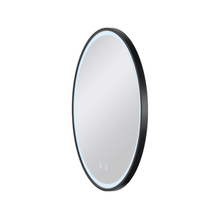Round wall-mounted mirror with black frame and LED lighting.