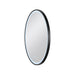 Round wall-mounted mirror with black frame and LED lighting.