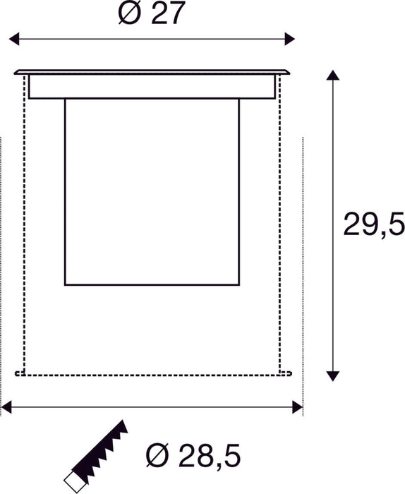 Dimensioned drawing of SLV DASAR® XL, square cover 24° 3000K incl. DALI driver in stainless steel