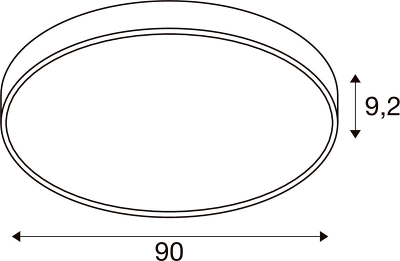 Dimensioned drawing of SLV MEDO® PRO 90, ceiling-mounted light, round, 3000/4000K, 75W, DALI, Touch, 80°, UGR<19, white