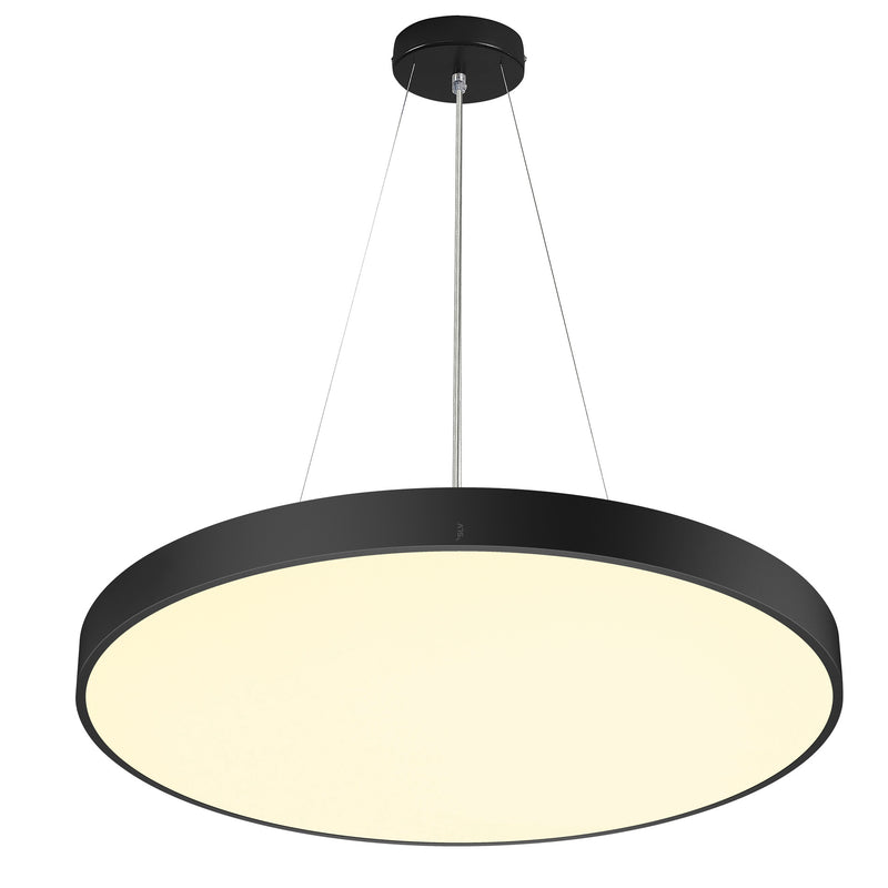 Modern round LED pendant light, black finish, ceiling mounted.