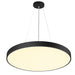 Modern round LED pendant light, black finish, ceiling mounted.
