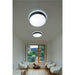 Black and white round ceiling lights, flush mounted.