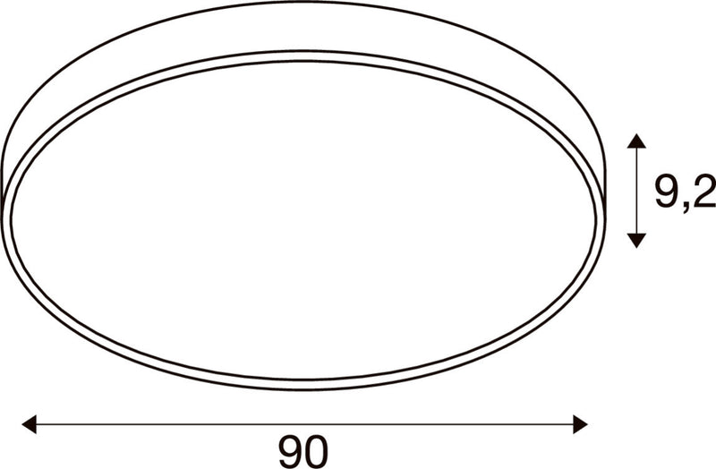 Dimensioned drawing of SLV MEDO® 90, ceiling-mounted light, round, 2700/3000/4000K, 79W, trailing-edge phase, 110°, white