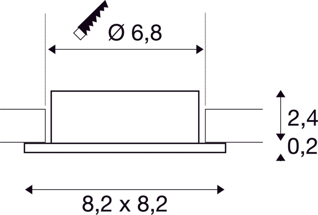 Dimensioned drawing of SLV NEW TRIA® 68, ceiling installation ring, L: 8.2 W: 8.2 H: 2.6 cm, IP 20, aluminium