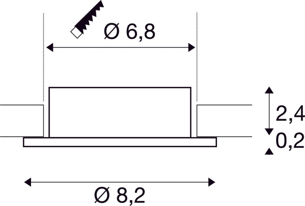 Dimensioned drawing of SLV NEW TRIA® 68, ceiling installation ring, D: 8.2 H: 2.6 cm, IP 20, black