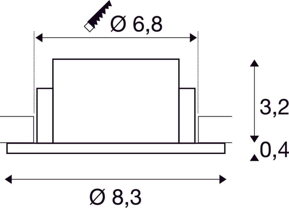 Dimensioned drawing of SLV NEW TRIA® 68, ceiling installation ring, D: 8.3 H: 3.55 cm, IP 65, incl. glass, white