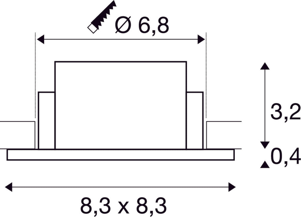Dimensioned drawing of SLV NEW TRIA® 68, ceiling installation ring, L: 8.3 W: 8.3 H: 3.55 cm, IP 65, incl. glass, white