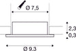 Dimensioned drawing of SLV NEW TRIA® 75, ceiling installation ring, D: 9.3 H: 2.6 cm, IP 20, white