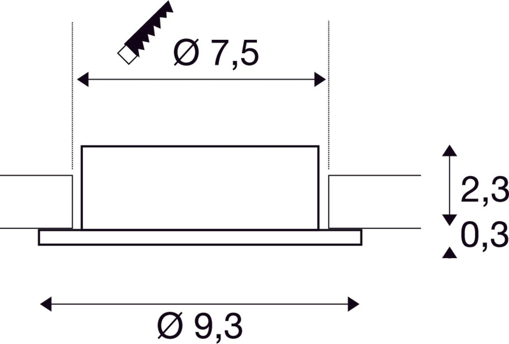 Dimensioned drawing of SLV NEW TRIA® 75, ceiling installation ring, D: 9.3 H: 2.6 cm, IP 20, black