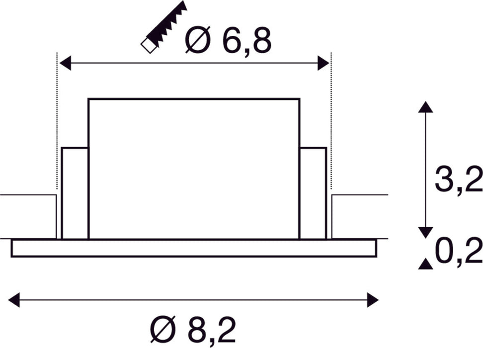 Dimensioned drawing of SLV NEW TRIA® 68, ceiling installation ring, D: 8.2 H: 3.4 cm, IP 65, white