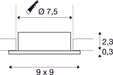 Dimensioned drawing of SLV NEW TRIA® 75, ceiling installation ring, L: 9 W: 9 H: 2.6 cm, IP 20, aluminium