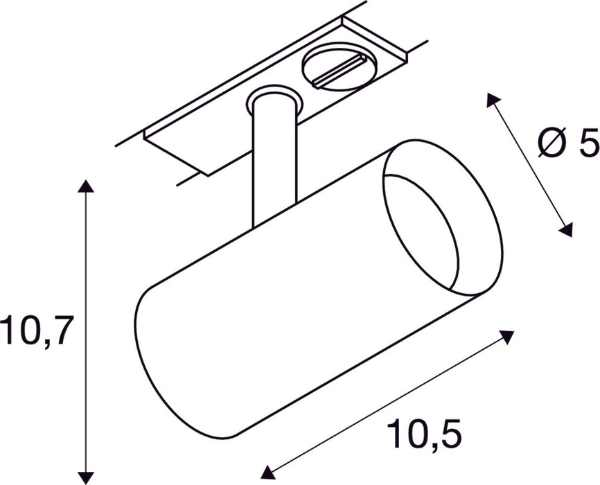 Dimensioned drawing of SLV Aluminium NOBLO® SPOT, 1~ spot, round, 2000-3000K, 8.4 W, dim-to-warm, trailing-edge phase, 36°, white