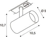 Dimensioned drawing of SLV Aluminium NOBLO® SPOT, 1~ spot, round, 2000-3000K, 8.4 W, dim-to-warm, trailing-edge phase, 36°, grey