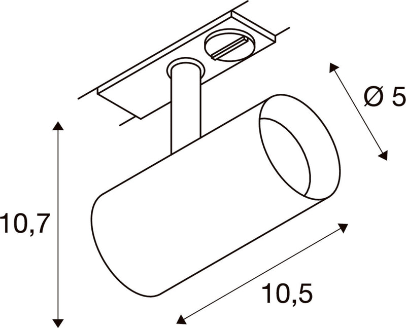 Dimensioned drawing of SLV Aluminium NOBLO® SPOT, 1~ spot, round, 2000-3000K, 8.4 W, dim-to-warm, trailing-edge phase, 36°, grey