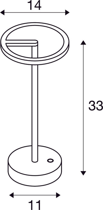 Dimensioned drawing of SLV VINOLINA ONE, table lamp, battery, IP54, 2700K, TOUCH, black