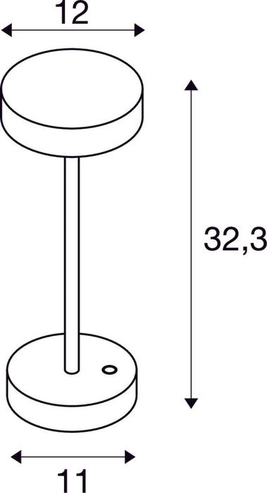 Dimensioned drawing of SLV VINOLINA, table lamp, battery, IP54, 2700/3000K, TOUCH, white