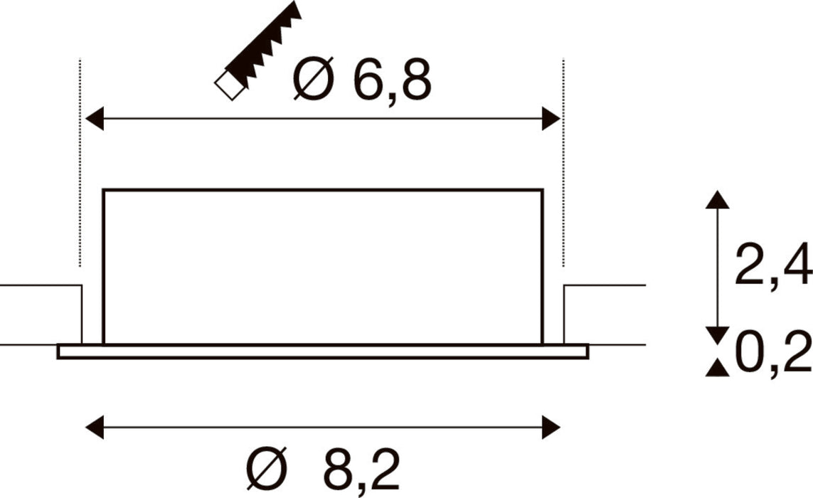 Technical drawing with dimensions for a round, flush-mounted component.