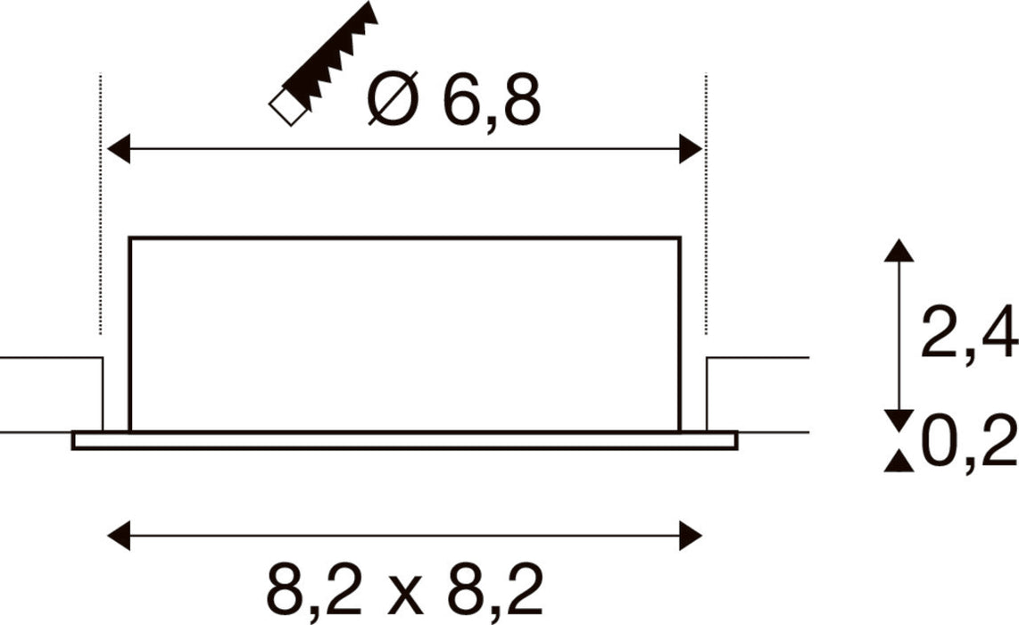 Technical drawing with dimensions: 8.2 x 8.2, diameter 6.8, height 2.4, base 0.2.