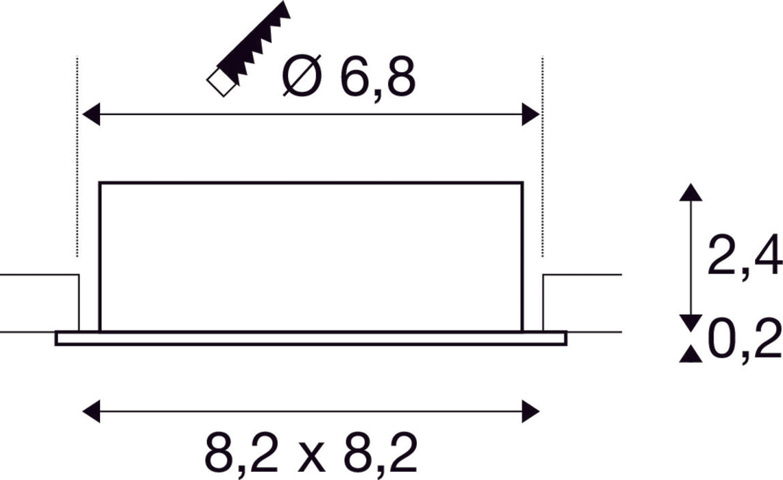 Dimensioned drawing of SLV Aluminium NEW TRIA® 68, recessed ceiling light, square, max. 10W GU10, black