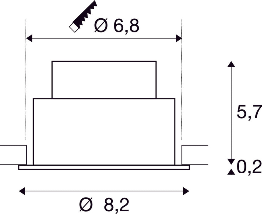 Dimensioned drawing of SLV Aluminium NEW TRIA® 68, recessed ceiling light, 3000K, 38°, IP 20 / IP 65, round, black