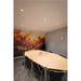 Conference room with light wood table, black chairs, butterfly mural, and recessed lighting.