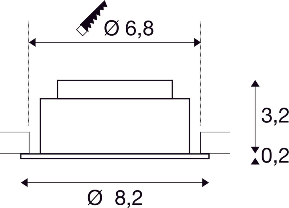 Dimensioned drawing of SLV Aluminium NEW TRIA® UNIVERSAL 68, recessed ceiling light, 2500/3000/4000K, 60°, IP 20, round, white