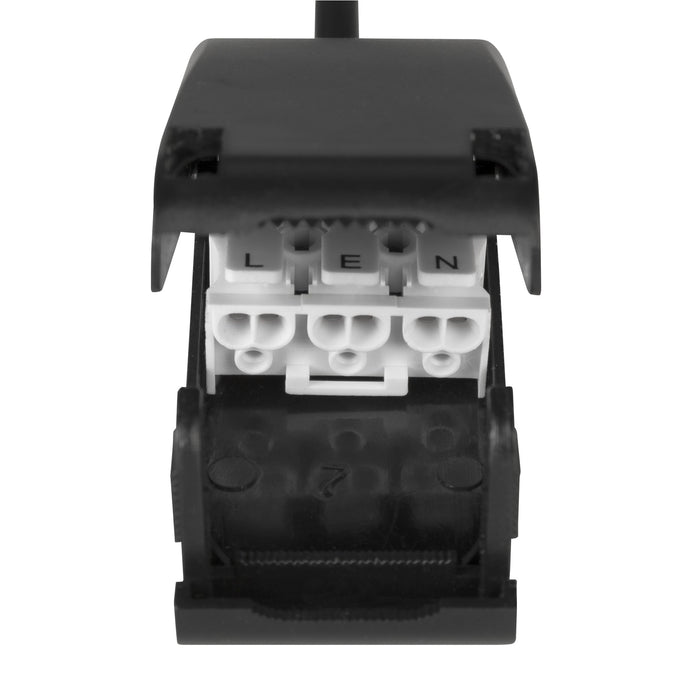 Black plastic electrical connector block with white terminals labeled L, E, and N.