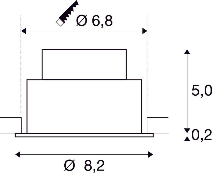 Dimensioned drawing of SLV Aluminium NEW TRIA® UNIVERSAL 68, recessed ceiling light, 2500/3000/4000K, 38°, IP 20 / IP 65, round, black