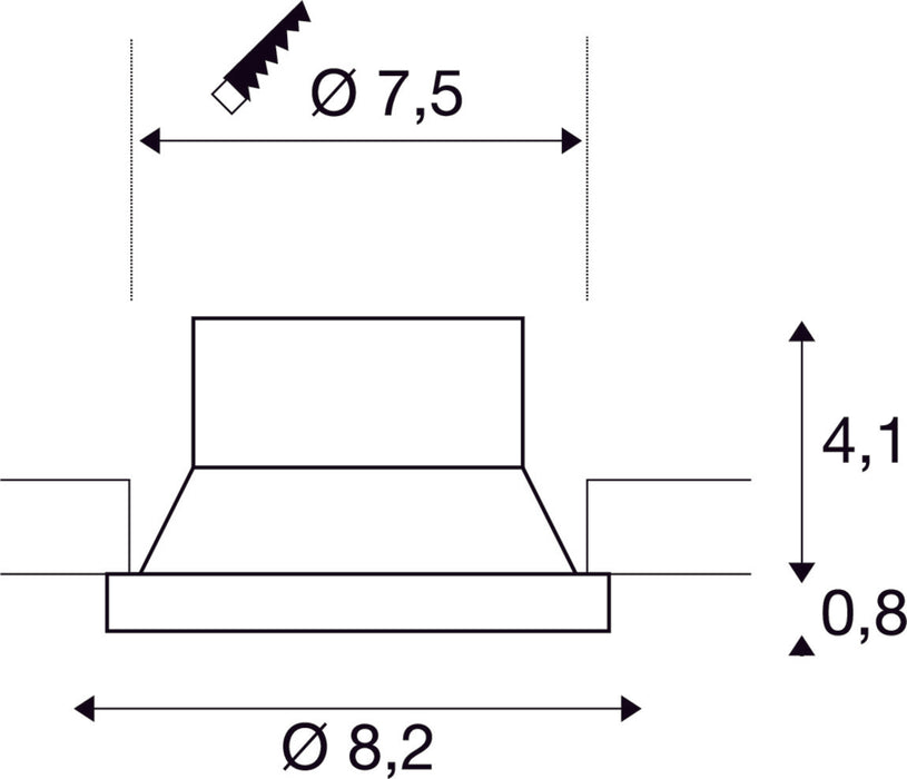 Dimensioned drawing of SLV NEW TRIA® 75, ceiling installation ring, recessed, attachment, D: 8.2 H: 4.9 cm, IP 20, black
