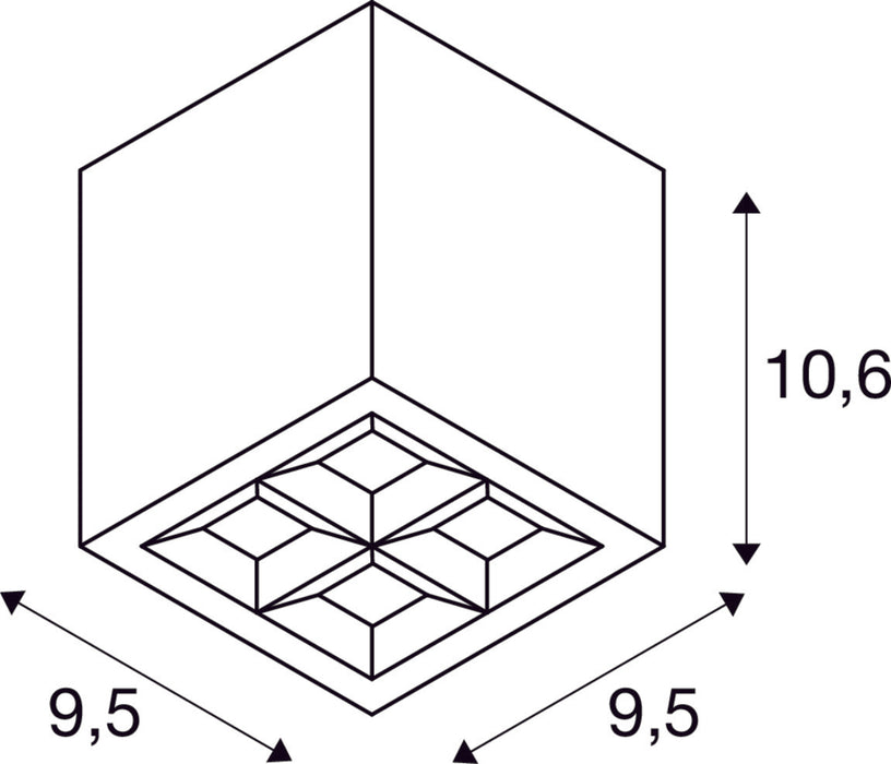 Dimensioned drawing of SLV S-CUBE, ceiling-mounted light, 2700/3000K, 15W, PHASE, 80°, anthracite