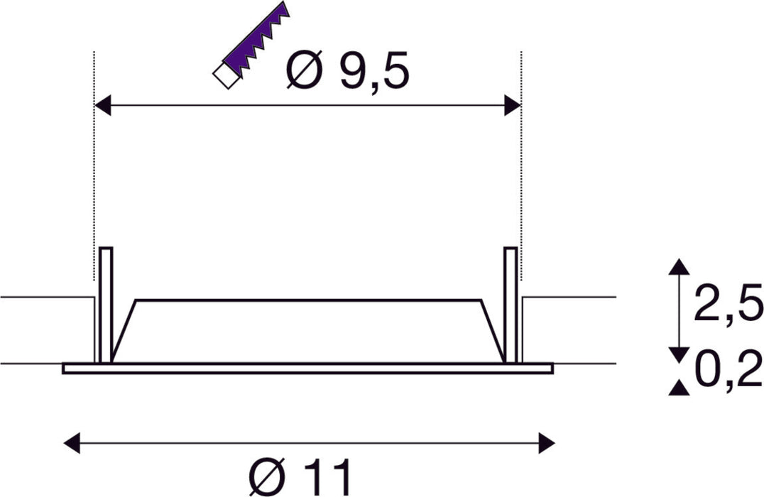 Dimensioned drawing of SLV DOWNLIGHT V 100, slightly recessed cover black