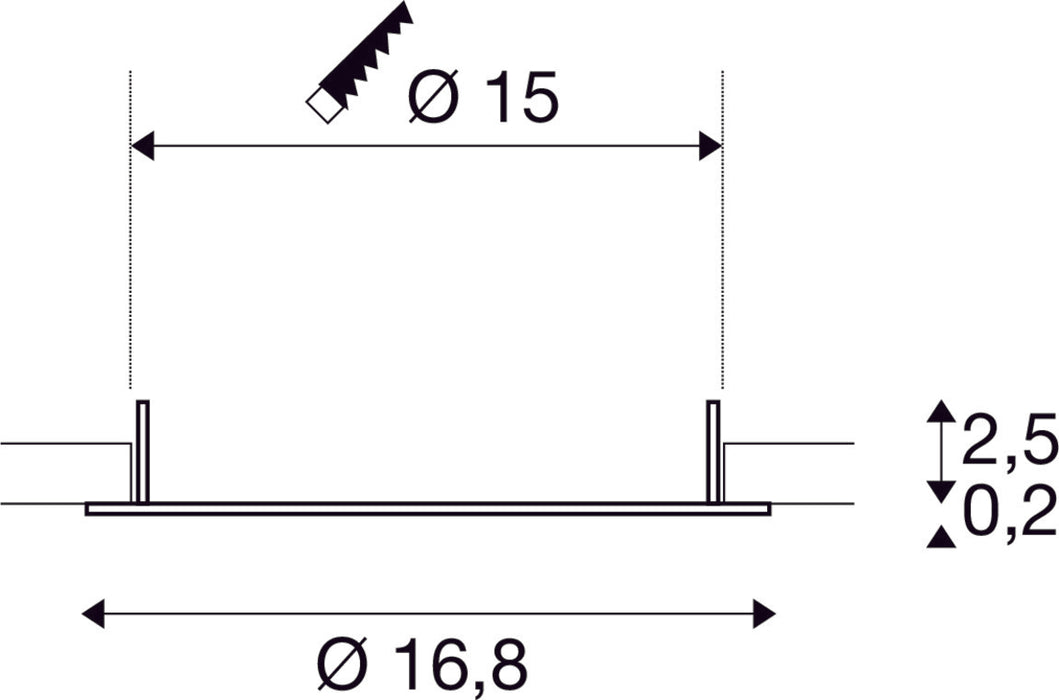 Dimensioned drawing of SLV DOWNLIGHT V 150, flat cover white