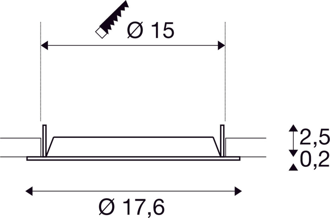 Dimensioned drawing of SLV DOWNLIGHT V 150, slightly recessed cover white