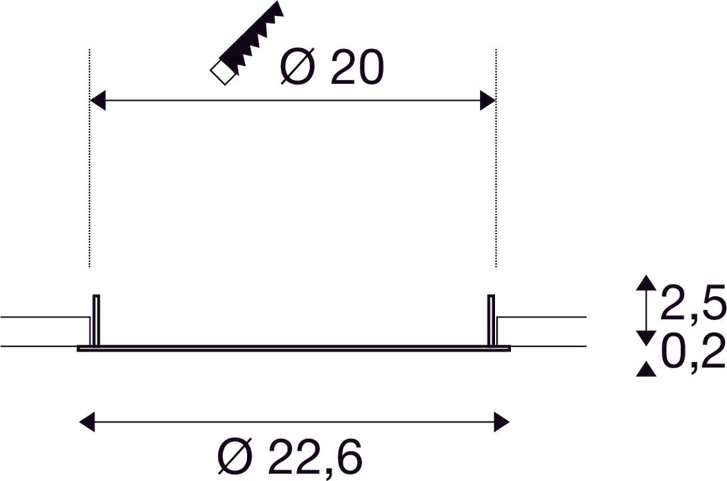 Dimensioned drawing of SLV DOWNLIGHT V 200, slightly recessed cover white