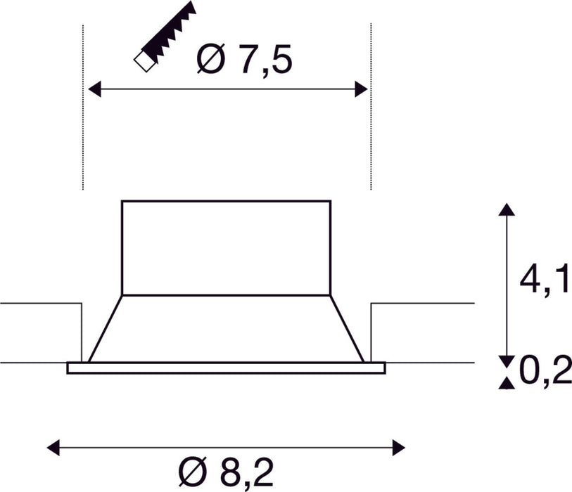Dimensioned drawing of SLV NEW TRIA® 75, ceiling installation ring, recessed, D: 8.2 H: 4.3 cm, IP 20, black