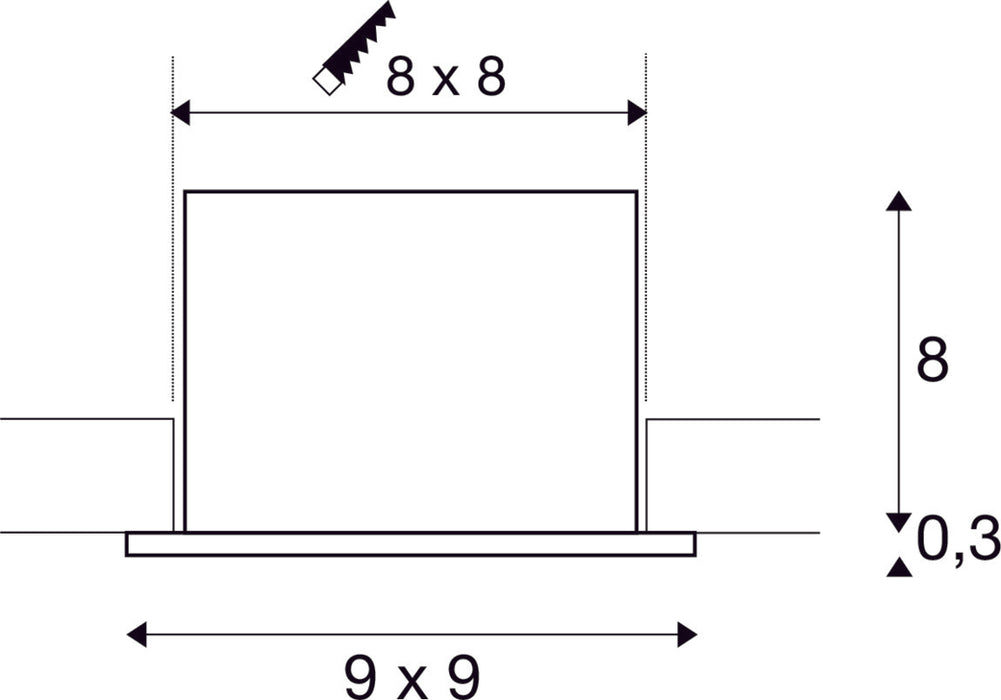 Dimensioned drawing of SLV Aluminium KADUX, recessed ceiling light, single, 3000K, 38°, IP 20, square, white