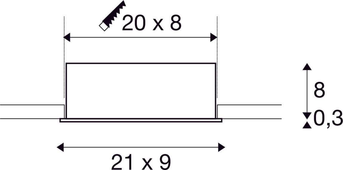 Dimensioned drawing of SLV Aluminium KADUX, recessed ceiling light, triple, 3000K, 38°, IP 20, square, white