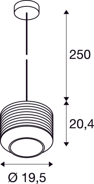 Dimensioned drawing of SLV PANTILO ROPE 20, pendant light, 250cm, E27, 15W, gold