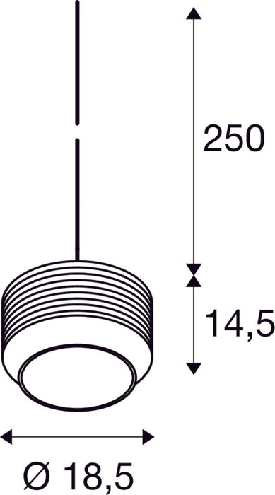 Dimensioned drawing of SLV PANTILO ROPE 19, pendant light, 250cm, E27, 15W, silver