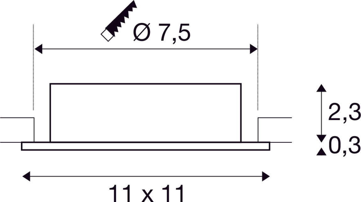 Dimensioned drawing of SLV Aluminium NEW TRIA® 75 XL, recessed ceiling light, square, max. 10W , GU10, black