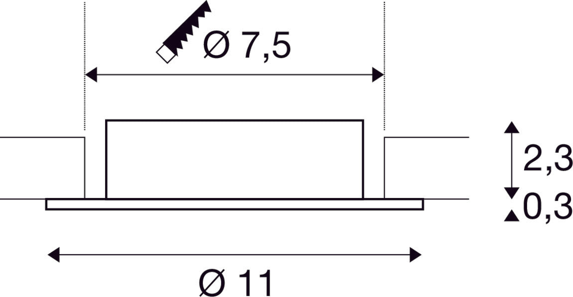 Dimensioned drawing of SLV NEW TRIA® 75 XL, ceiling installation ring, D: 11 H: 2.6 cm, IP20, aluminium